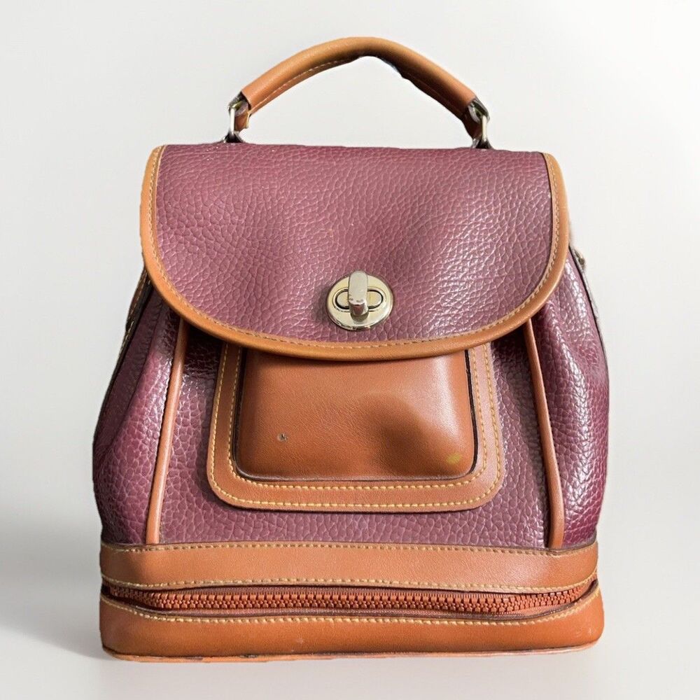 Vintage Dooney & Bourke All Weather Leather Backpack Burgundy Tan Train Case